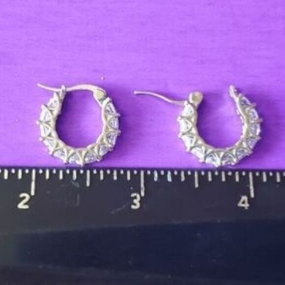 Clear White Diamond Hoop Earrings on 925 Sterling Silver Women's - Picture 4 of 10